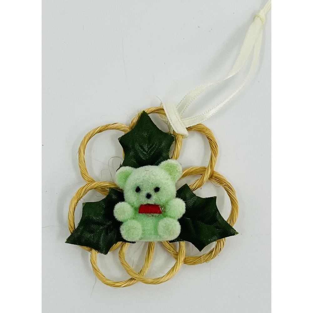 Vintage Flocked Teddy Bear Christmas Ornament Mint Green Miniature